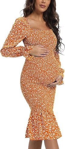 Maternity Summer Floral Midi Bodycon Dresses, Short Puff Sleeve Square Neck Ruffle Hem Mermaid Baby Shower Dress Grey L in Kuwait