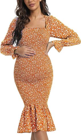 Maternity Summer Floral Midi Bodycon Dresses, Short Puff Sleeve Square Neck Ruffle Hem Mermaid Baby Shower Dress Grey L in Kuwait