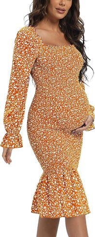 Maternity Summer Floral Midi Bodycon Dresses, Short Puff Sleeve Square Neck Ruffle Hem Mermaid Baby Shower Dress Grey L in Kuwait