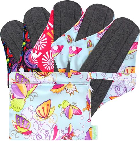 wegreeco Bamboo Reusable Sanitary Pads - Cloth Sanitary Pads | Light Incontinence Pads | Reusable Menstrual Pads - 5 Pack Pads, 1 Cloth Mini Wet Bag (M, Bee & Bloom) in Saudi Arabia