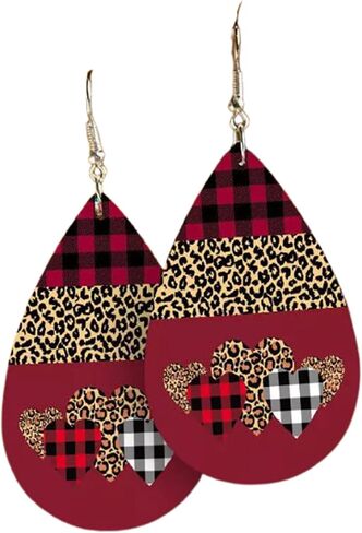 Valentine's Day Love Heart Leather Earrings Red Black Striped Buffalo Plaid Check Dangle Earrings Buffalo Leopard Printed Drop Earring for Women Girl Jewelry in Saudi Arabia