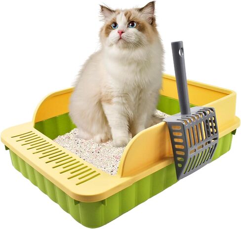 MUYG Open Cat Litter Box with High Side Anti-Splashing Cat Toilet with Litter Sifting Scoop Semi-Enclosed Kitten Litter Tray Pan Removable Prevent Sand Leakage Deodorizing Easy to Clean(Grey) in Saudi Arabia