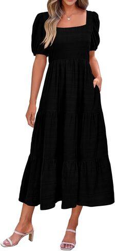PRETTYGARDEN Women's Summer Dresses 2026 Puff Sleeve Square Neck High Waist Smocked A-Line Flowy Loose Fit Midi Dress in Kuwait