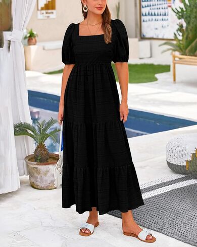 PRETTYGARDEN Women's Summer Dresses 2026 Puff Sleeve Square Neck High Waist Smocked A-Line Flowy Loose Fit Midi Dress in Kuwait