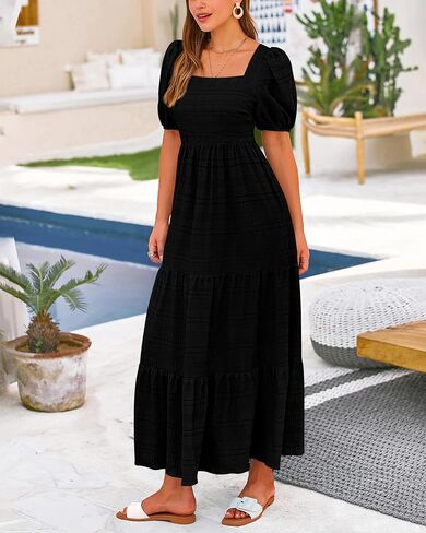 PRETTYGARDEN Women's Summer Dresses 2026 Puff Sleeve Square Neck High Waist Smocked A-Line Flowy Loose Fit Midi Dress in Kuwait