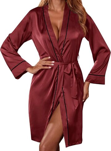 رداء نوم نسائي من الحرير الساتان من Vrtige بأكمام طويلة لوصيفات العروس كيمونو مع حزام in Kuwait