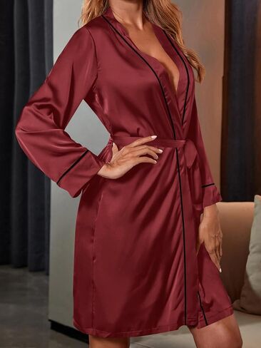 رداء نوم نسائي من الحرير الساتان من Vrtige بأكمام طويلة لوصيفات العروس كيمونو مع حزام in Kuwait