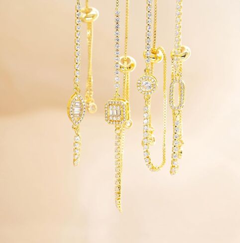 Geelein 14K سوار مطلي بالذهب زركون كلاسيكي تنس قابل للتعديل المنزلق سلسلة سوار مجوهرات الأزياء للنساء الفتيات in Kuwait