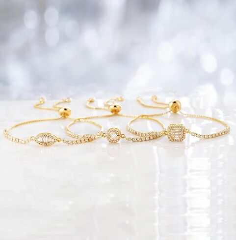Geelein 14K سوار مطلي بالذهب زركون كلاسيكي تنس قابل للتعديل المنزلق سلسلة سوار مجوهرات الأزياء للنساء الفتيات in Kuwait