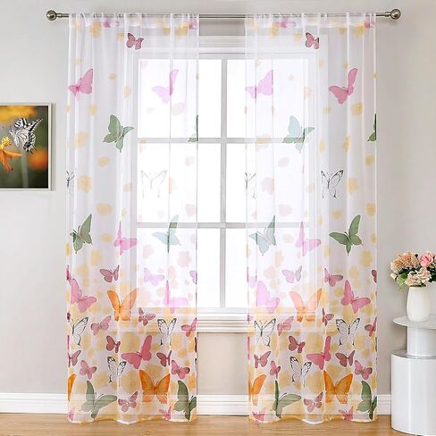 WUBODTI Butterfly Sheer Curtains for Girls Room 2 Panels 79 inch Long, Cute Colorful Butterflies Printed Voil Semi Sheer Curtain Rod Pocket Pretty Gauze Drapes for Bedroom Living Room Nursery in Saudi Arabia