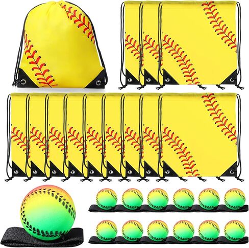 MiniInflat 12 Pcs Drawstring Bags with 12 Pcs Wrist Return Ball 10 x 12 Inch Basketball Baseball Bag Backpack Wrist Balls on a String Leather in Saudi Arabia
