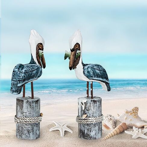 Wooden Seagull Figurine, 2 Pcs Hand Painted Nautical Sea Bird Statue Coastal Beach Home Decor Rustic Vintage Creative Indoor Art for Table Desk Office Bird Decor in Kuwait