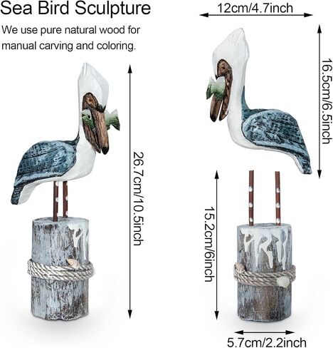 Wooden Seagull Figurine, 2 Pcs Hand Painted Nautical Sea Bird Statue Coastal Beach Home Decor Rustic Vintage Creative Indoor Art for Table Desk Office Bird Decor in Kuwait