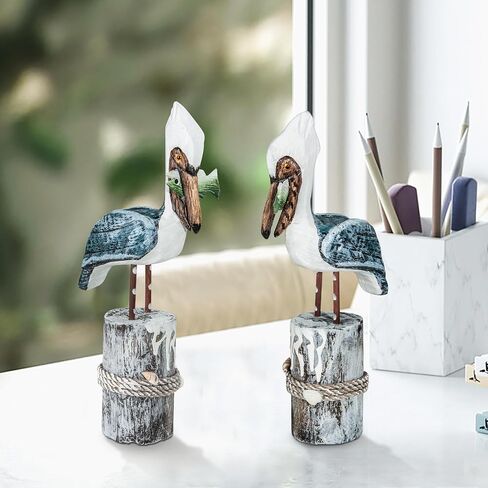 Wooden Seagull Figurine, 2 Pcs Hand Painted Nautical Sea Bird Statue Coastal Beach Home Decor Rustic Vintage Creative Indoor Art for Table Desk Office Bird Decor in Kuwait