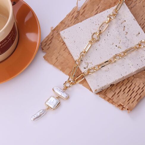 Statement Pearl and Chain Necklace Mixed Chain and Trendy Pearl Choker Organic Pears Heart Pendant Layering Necklace in Kuwait
