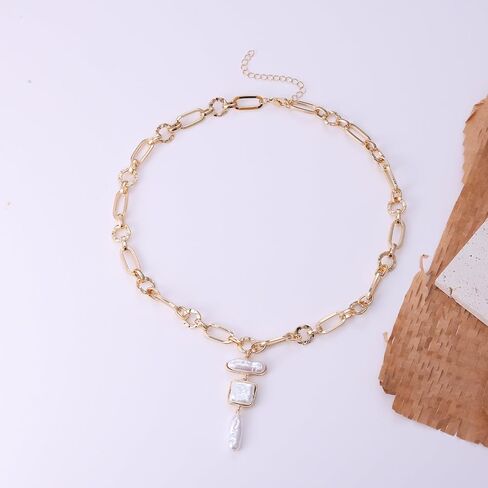 Statement Pearl and Chain Necklace Mixed Chain and Trendy Pearl Choker Organic Pears Heart Pendant Layering Necklace in Kuwait