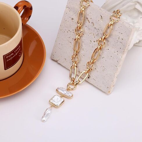 Statement Pearl and Chain Necklace Mixed Chain and Trendy Pearl Choker Organic Pears Heart Pendant Layering Necklace in Kuwait
