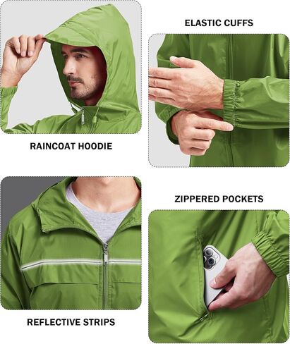 سترة المطر الرجالية V VALANCH مقاومة للماء وخفيفة الوزن مع غطاء رأس معطف واق من المطر للاستخدام في الهواء الطلق للمشي لمسافات طويلة والجري والسفر in Kuwait