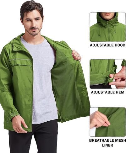 سترة المطر الرجالية V VALANCH مقاومة للماء وخفيفة الوزن مع غطاء رأس معطف واق من المطر للاستخدام في الهواء الطلق للمشي لمسافات طويلة والجري والسفر in Kuwait