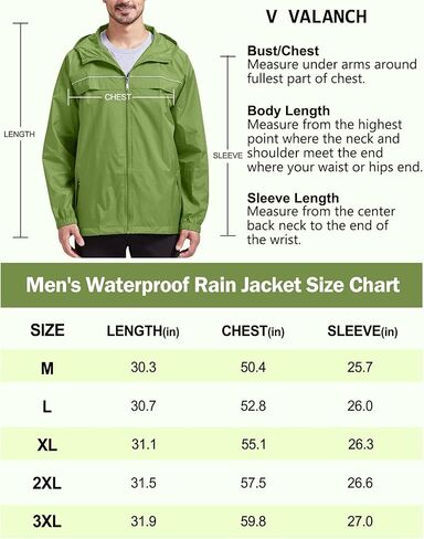 سترة المطر الرجالية V VALANCH مقاومة للماء وخفيفة الوزن مع غطاء رأس معطف واق من المطر للاستخدام في الهواء الطلق للمشي لمسافات طويلة والجري والسفر in Kuwait