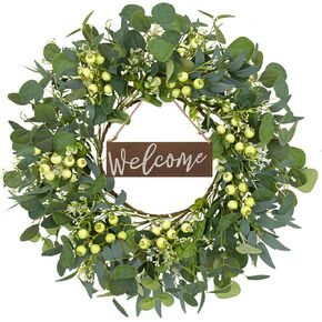 أكاليل الربيع DIYFLORU للباب الأمامي 20 بوصة أكاليل خضراء للنوافذ إكليل الأوكالبتوس الاصطناعي مع علامة ترحيب التوت in Kuwait