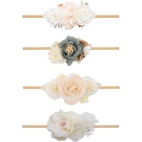 NUWAJP 4 PCS Baby Girls Headbands Flowers Hairbands Soft Nylon Elastics Hair Bows Handmade Floral Hair Accessories for Newborn Infant Toddlers Kids
