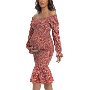 Maternity Summer Floral Midi Bodycon Dresses, Short Puff Sleeve Square Neck Ruffle Hem Mermaid Baby Shower Dress