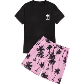 GORGLITTER Men's Two Piece Tracksuits Outfits Hawaiian Graphic Shirt and Shorts Set Light Blue and Black XX-Large