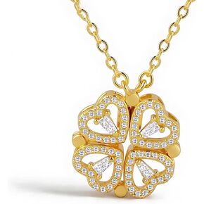 Foldable 4-Leaf Clover Necklace - Stainless Steel, 18k Gold Plated | Ideal Gift for Women's Birthday, Anniversary, Christmas, Valentine's Day, Lucky Heart Pendant For Her