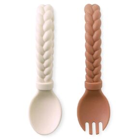 Itzy Ritzy Silicone Spoon & Fork Set; Baby Utensil Set Features A Fork and Spoon with Looped, Braided Handles; Made of 100% Food Grade Silicone & BPA-Free; Ages 6 Months and Up, Amethyst/Purple