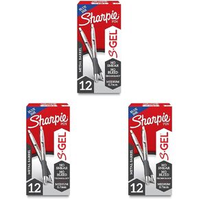 Sharpie S-Gel, Gel Pens, Sleek Metal Barrel, Gunmetal, Medium Point (0.7mm), Black Ink, 12 Count