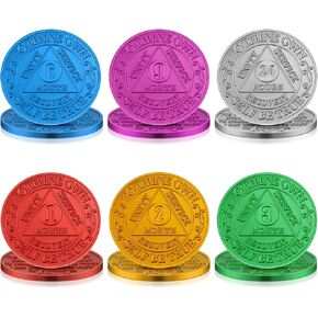 12 Pcs Recovery AA Chips and Medallions Bulk Sobriety Chips AA Tokens Alcoholics Anonymous Medallion Aluminum Include 1 2 3 6 9 Month and 24 Hour Commemorative Lot Colored