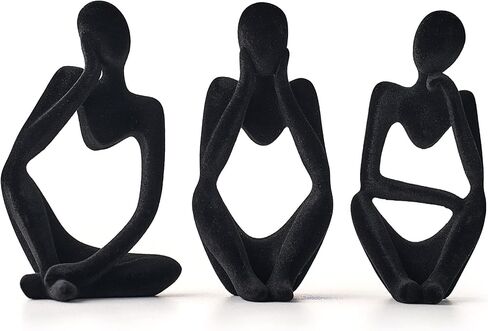 FJS Black Velvet Thinker Statue Decor Set of 3, Art Statue Living Room Decor, Modern Sculpture Decorations for Office Shelf Table, Home Decor Knick Knacks for Shelves in Saudi Arabia