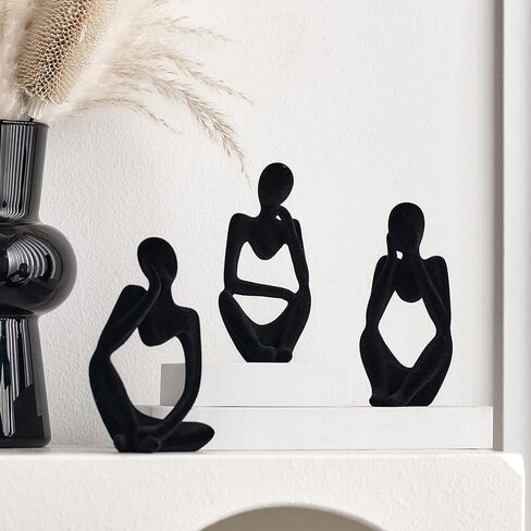 FJS Black Velvet Thinker Statue Decor Set of 3, Art Statue Living Room Decor, Modern Sculpture Decorations for Office Shelf Table, Home Decor Knick Knacks for Shelves in Saudi Arabia