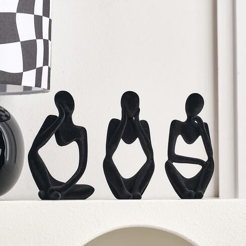 FJS Black Velvet Thinker Statue Decor Set of 3, Art Statue Living Room Decor, Modern Sculpture Decorations for Office Shelf Table, Home Decor Knick Knacks for Shelves in Saudi Arabia