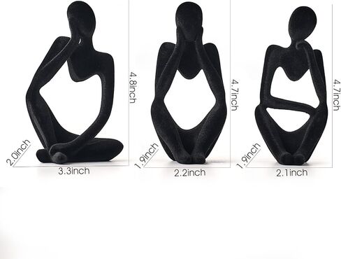 FJS Black Velvet Thinker Statue Decor Set of 3, Art Statue Living Room Decor, Modern Sculpture Decorations for Office Shelf Table, Home Decor Knick Knacks for Shelves in Saudi Arabia
