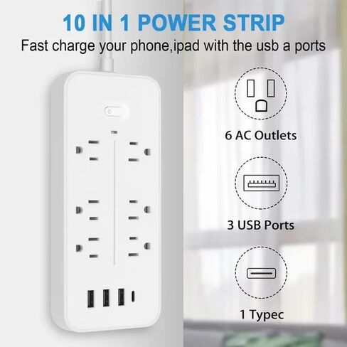 قطاع الطاقة الواقي من زيادة التيار (2000 وات)، 6 منافذ تيار متردد، 3 منافذ USB، 1 لوحة تصحيح ذكية من النوع C بطول سلك 1.2 متر (أسود) in Kuwait