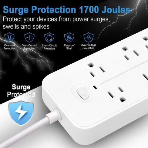 قطاع الطاقة الواقي من زيادة التيار (2000 وات)، 6 منافذ تيار متردد، 3 منافذ USB، 1 لوحة تصحيح ذكية من النوع C بطول سلك 1.2 متر (أسود) in Kuwait