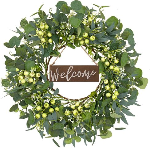 أكاليل الربيع DIYFLORU للباب الأمامي 20 بوصة أكاليل خضراء للنوافذ إكليل الأوكالبتوس الاصطناعي مع علامة ترحيب التوت in Kuwait
