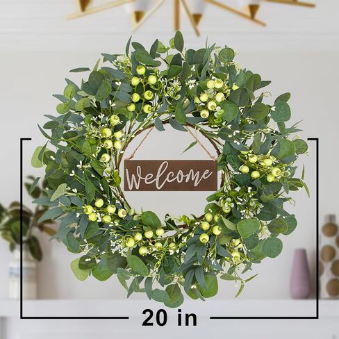 أكاليل الربيع DIYFLORU للباب الأمامي 20 بوصة أكاليل خضراء للنوافذ إكليل الأوكالبتوس الاصطناعي مع علامة ترحيب التوت in Kuwait