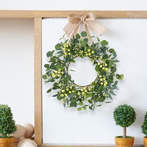أكاليل الربيع DIYFLORU للباب الأمامي 20 بوصة أكاليل خضراء للنوافذ إكليل الأوكالبتوس الاصطناعي مع علامة ترحيب التوت in Kuwait