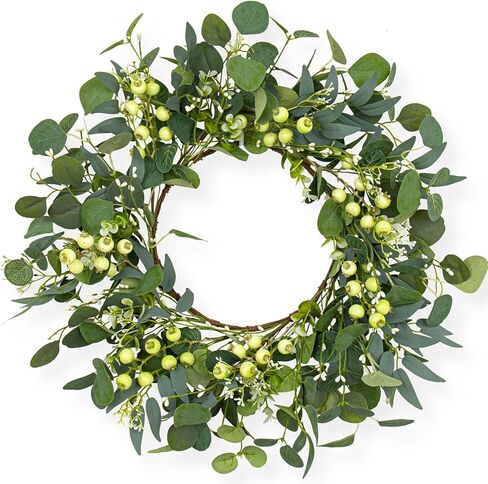 أكاليل الربيع DIYFLORU للباب الأمامي 20 بوصة أكاليل خضراء للنوافذ إكليل الأوكالبتوس الاصطناعي مع علامة ترحيب التوت in Kuwait