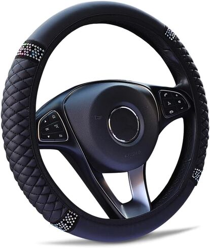 Diamond Leather Steering Wheel Cover for Women Girls, with Bling Bling Crystal Rhinestones, Universal Fit 15 Inch Car Steering Wheel Protector (Black) in Saudi Arabia