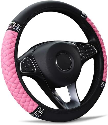 Diamond Leather Steering Wheel Cover for Women Girls, with Bling Bling Crystal Rhinestones, Universal Fit 15 Inch Car Steering Wheel Protector (Black) in Saudi Arabia