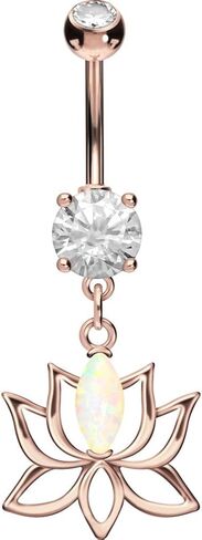 PIERCINGLINE 316L حلقة زر البطن من الفولاذ الجراحي تتدلى مع تصميم نحاسي زهرة اللوتس مع أوبال صناعي 14G خاتم السرة ثقب البطن in Kuwait