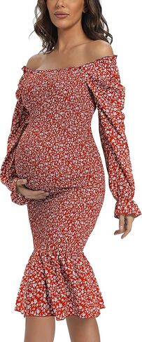 Maternity Summer Floral Midi Bodycon Dresses, Short Puff Sleeve Square Neck Ruffle Hem Mermaid Baby Shower Dress Coffee S in Kuwait