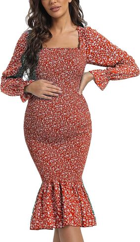 Maternity Summer Floral Midi Bodycon Dresses, Short Puff Sleeve Square Neck Ruffle Hem Mermaid Baby Shower Dress Coffee S in Kuwait