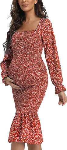 Maternity Summer Floral Midi Bodycon Dresses, Short Puff Sleeve Square Neck Ruffle Hem Mermaid Baby Shower Dress Coffee S in Kuwait