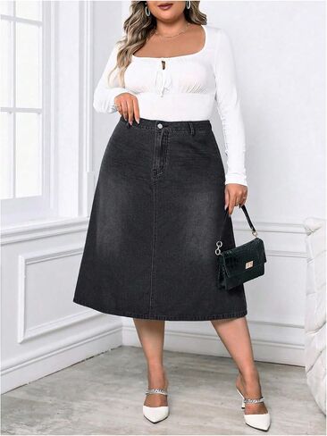 Milumia Women's Plus Size Jean Midi Skirt High Waisted A Line Denim Skirts Casual in Saudi Arabia