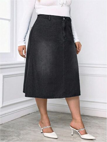 Milumia Women's Plus Size Jean Midi Skirt High Waisted A Line Denim Skirts Casual in Saudi Arabia
